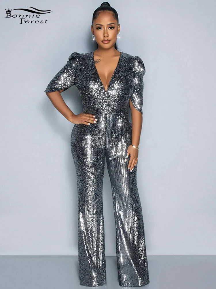 

Bonnie Forest Sparkle Deep V Neck Sequins Jumpsuit One Piece Outfits Glitter Belted Sequin Night Out Romper Celebrities Clubwear