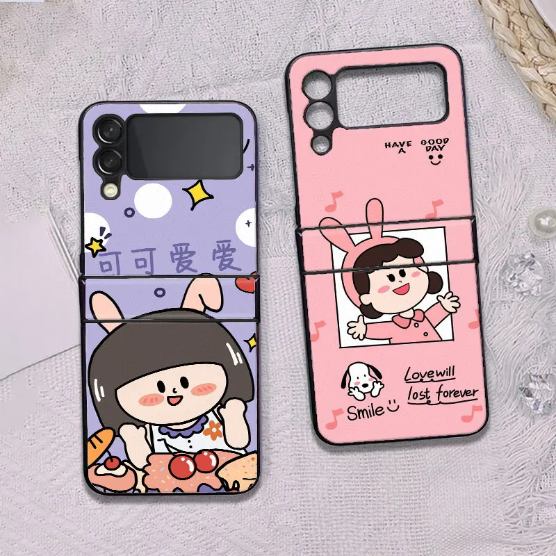 Funda Case for Samsung Galaxy Z Flip 3 Z Flip 4 Cartoon Girl Little Dinosaur Lion Pattern Hinge PU Protection Phone Case Cover