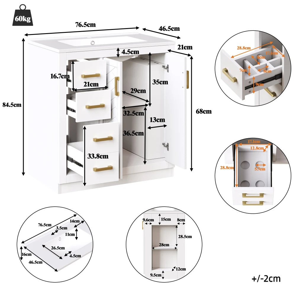 Moderner Freistehender Waschbeckenunterschrank mit Waschbecken & 2 Schubladen, Badezimmerschrank mit Viel Stauraum, Hochwertiger Badezimmerschrank – Detail 35