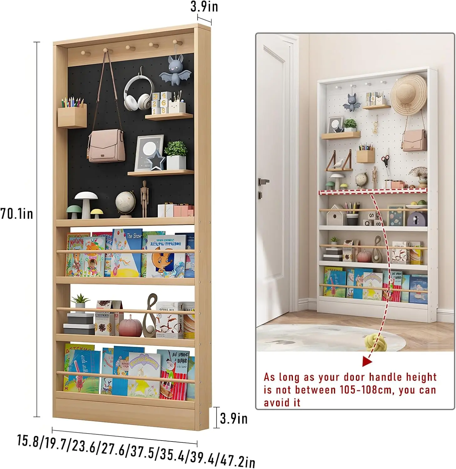 behind door bookshelf,Toddler Bookshelf,Storage Cabinets,Organizer for Toys and Books,Storage rack with perforated board,for 2