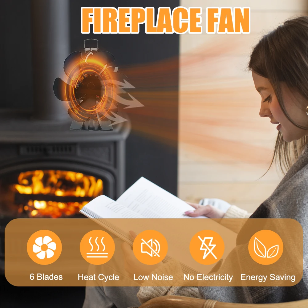 Wood Stove Fan Heat Powered Non-Electric Lotus Shaped Silent Operation 6-Blade Fireplace Fan with Bracket for Wood Burning Stove
