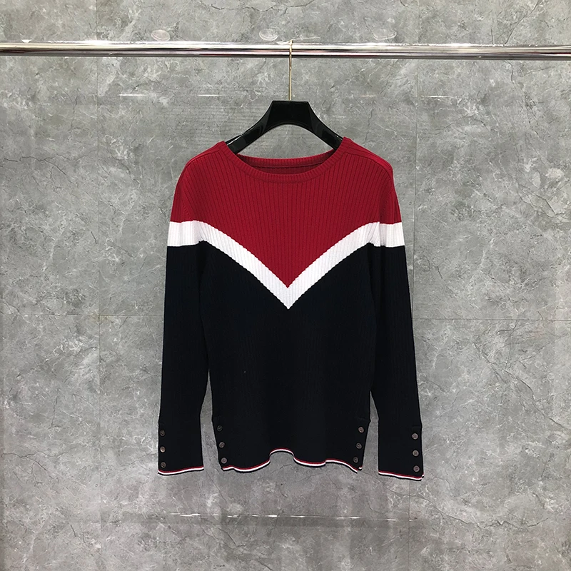 Luxury Men‘s Sweaters Red Black Mixed ColorsLoose Spliced O-Neck Pullovers Clothing Patchwork Wool Retro Winter Casual Coat