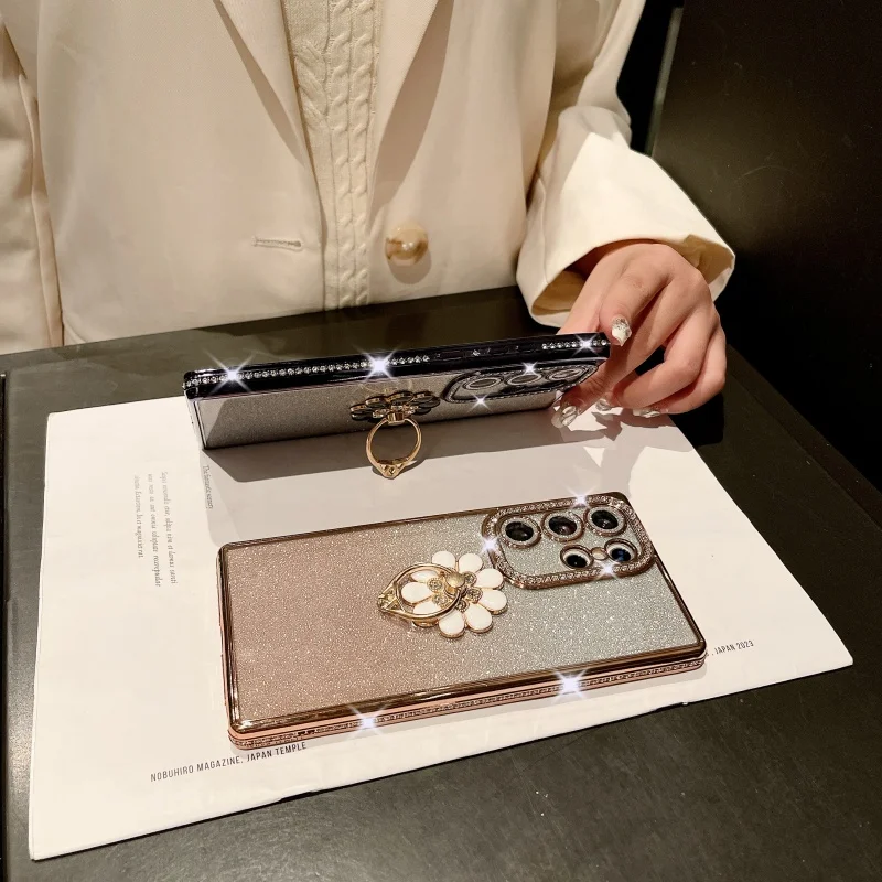 Phone Case Iphone Case For Samsung Galaxy S25 Ultra Luxury Plating Rhinestone Frame Diamond Ring Stand Phone Case Samsung S22 S23 S24 S25Plus Cover