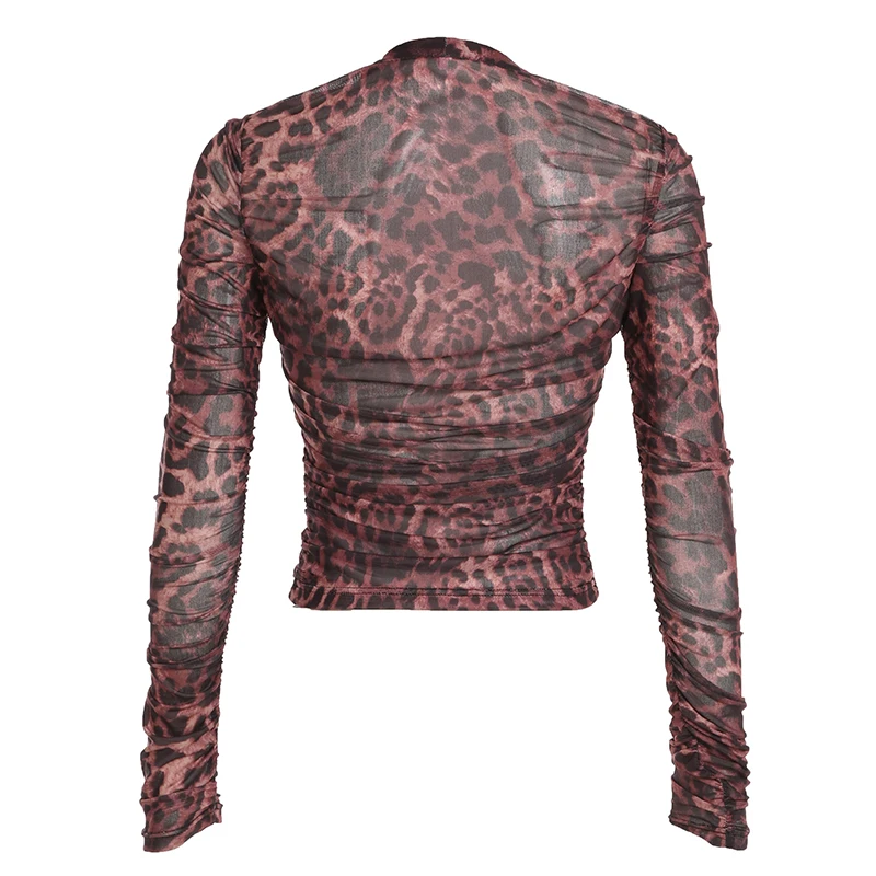 Camiseta de malla transparente con estampado de leopardo, top corto sexy de manga larga con volantes y botones, camiseta urbana vintage para mujer Y2K