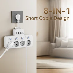 Versatile Power Strip with Customizable Cord Length and Multiple Outlets - EU Plug (White - Short Cable)