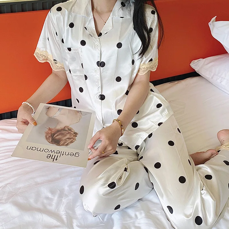 Women's 2 Piece Pajamas Set Dot Pijama Faux Silk Satin Pocket Pyjama Female Sleepwear Short Sleeve Lapel Shirt Pants Homewear