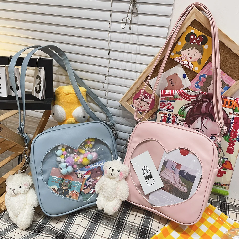 Cute Crossbag PU Square Bag Ladies Love Itabag Transparent Heart Anime Lolita Bag Women Shoulder Mobile Phone Wallet Handbag