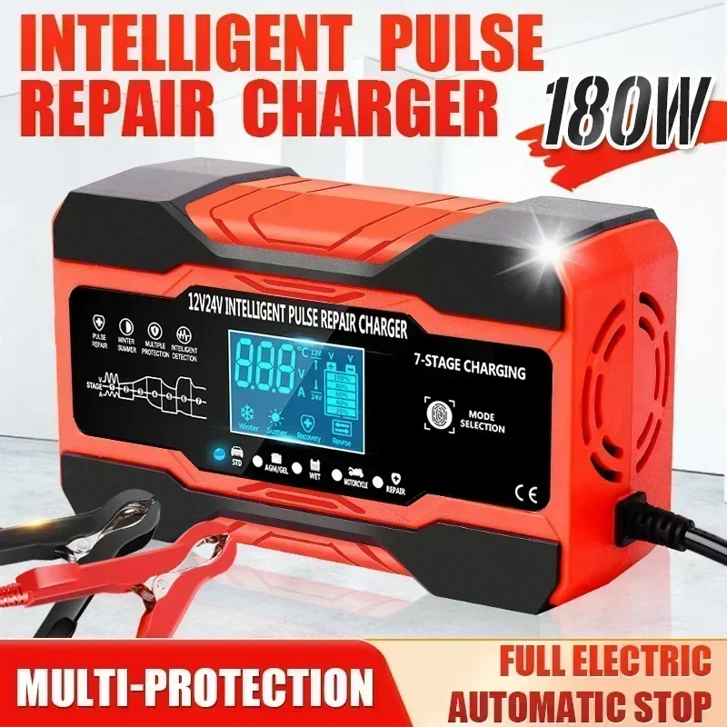 

12V 10A 24V 5A Pulse Repair Charger with LCD Display, Motorcycle & Car Battery Charger,Automatic Smart Fast Battery Charger