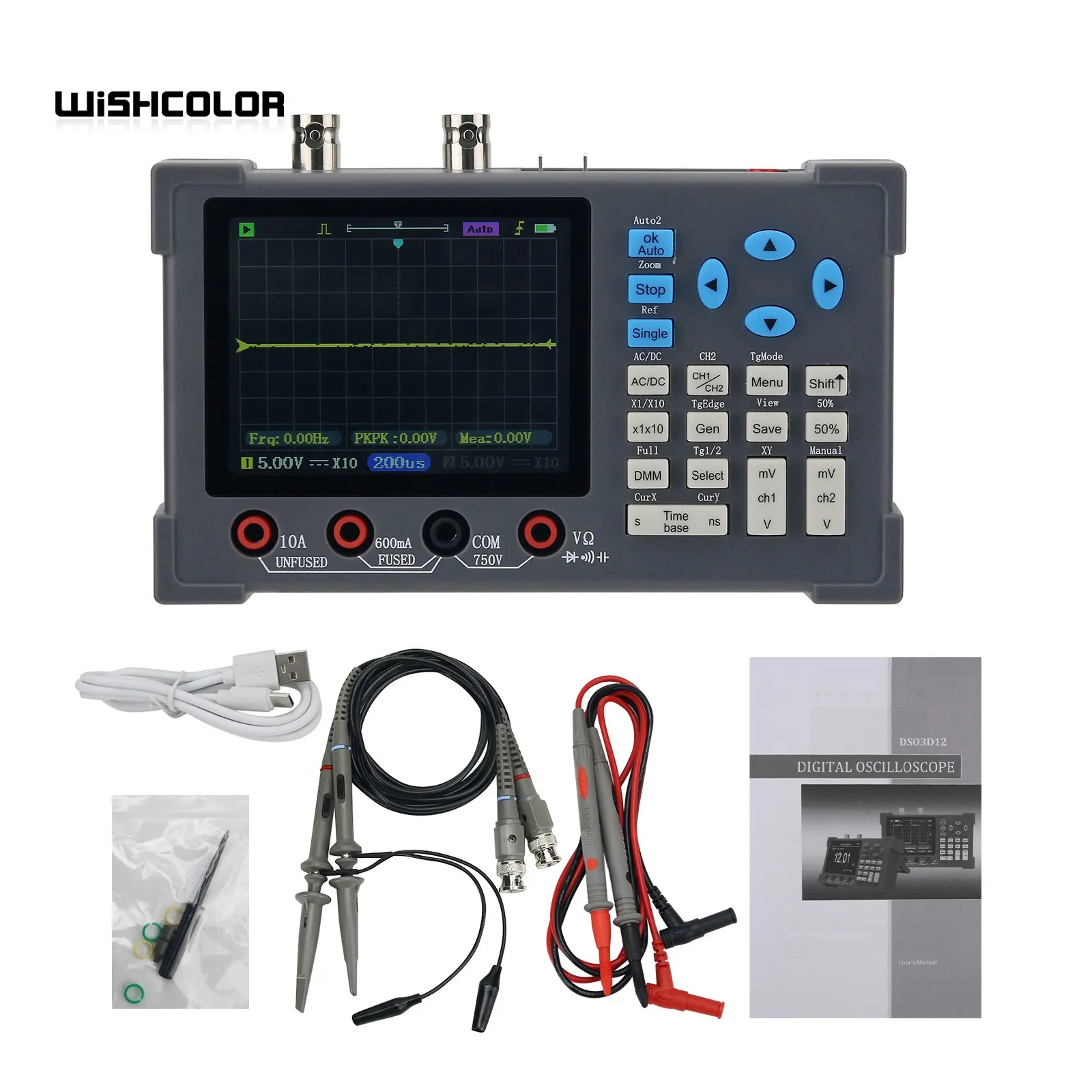 

Wishcolor DSO3D12 3-in-1 120Mhz 250MSa/s Sampling 2 Channel Oscilloscope Multimeter Signal Generator Machine