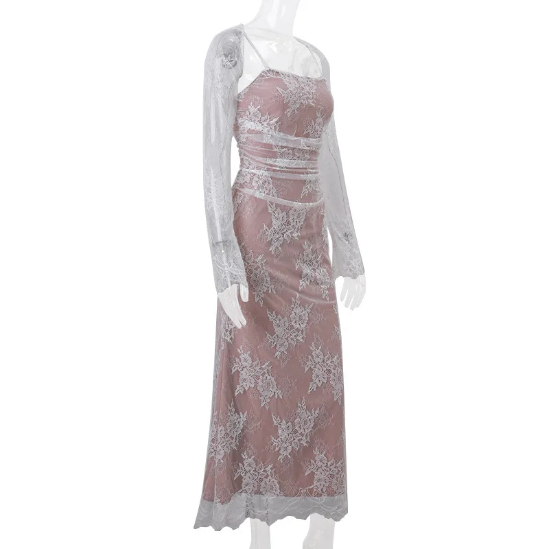 Elegante vestido de noche de fiesta para mujer, de manga larga, con encaje estampado de patchwork, sexy, para otoño e invierno, nuevo, ajustado con tirantes.