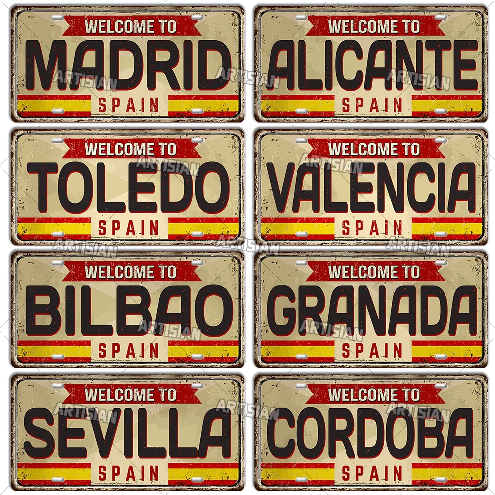 Artisian SPAIN 번호판 랜드마크 금속 사인 도시 국가 장식 플라크 벽 장식 차고 바 펍 클럽 호텔 카페 주방