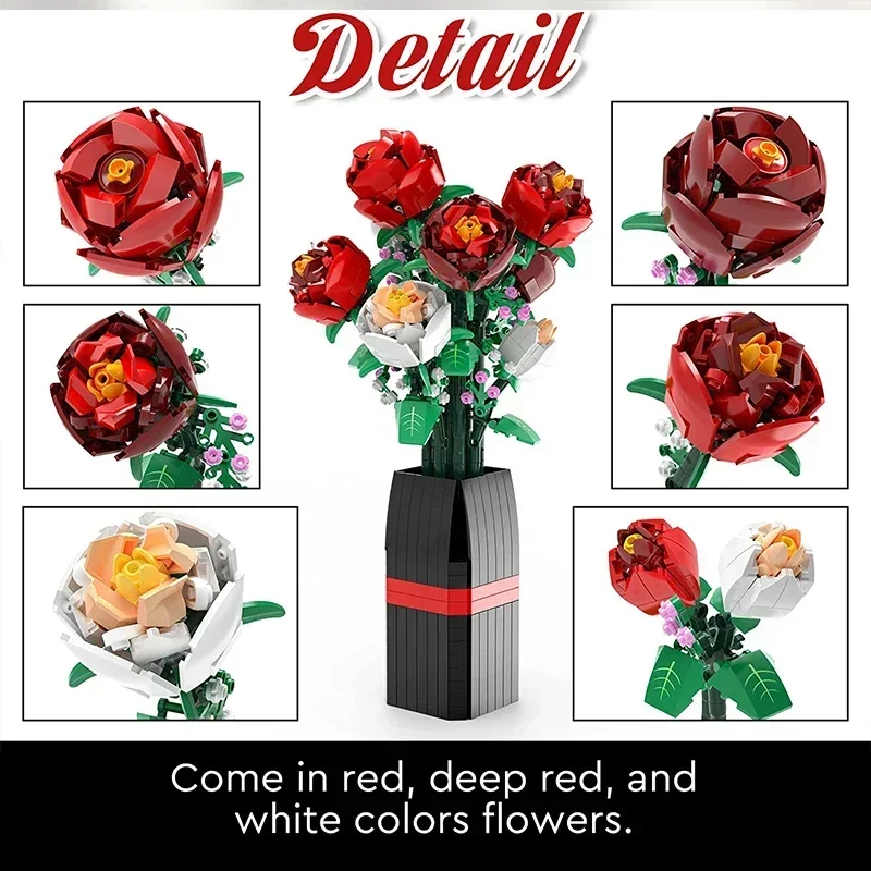 818PCS Flower Bouquet Building Block Red Rose White Rose Vase Bricks Toy Set Valentine's Day Christmas Gifts Creative Decoration 3
