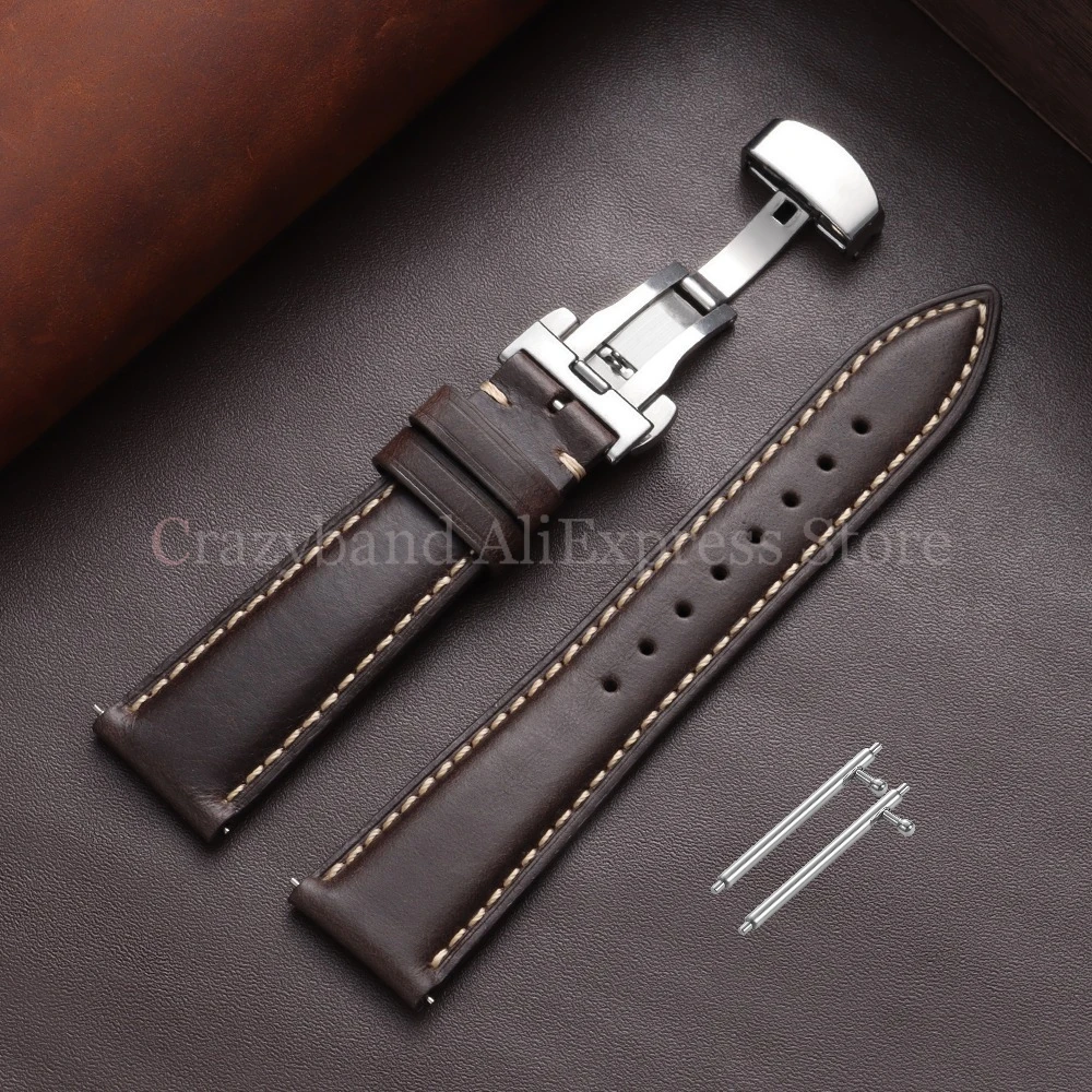 Premium Oil Wax Discoloration Calf Leather Watch Strap with Butterfly Buckle
