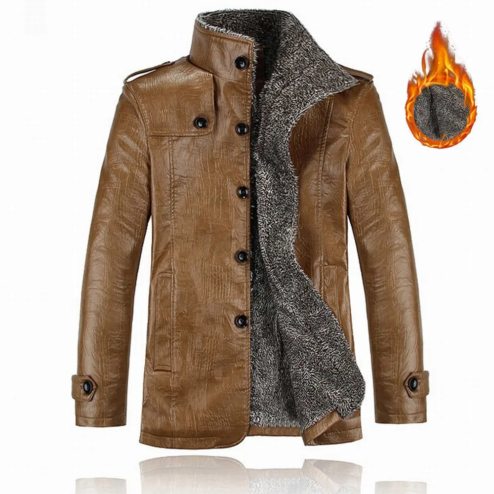 

Mens Winter Warm PU Leather Fleece Fur Lined Trench Coat Jacket Thicken Overcoat Integrated Plush And Thickening Of Fur