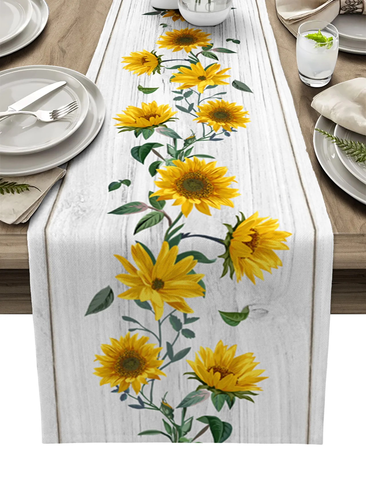 

Sunflower Texture Wood Grain Retro Linen Table Runner Kitchen Table Decoration Farmhouse Dining Tablecloth Wedding Party Decor