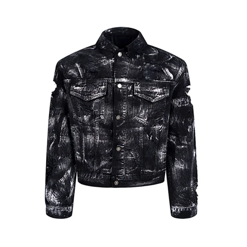 FEWQ Hole Torn Denim Men's Street Jacket Denim Suit 2024 Tie Dye Design Turn-down Collar Long Sleeve Male Sets Fashion 24E1516 5