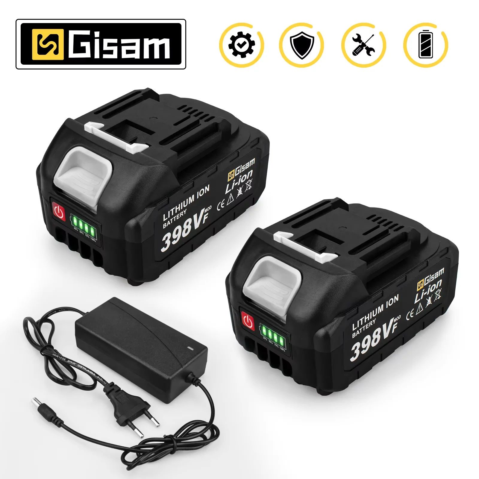 GISAM Rechargeable Lithium Ion Battery for Makita interface, 15000mAh capacity indicator, suitable for electric drills and chainsaws