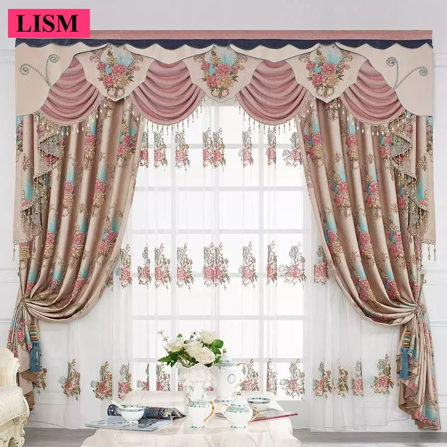 

Luxury European Thickened Jacquard Pink Curtains for Living Room Bedroom Dining Blackout Valance Tulle Lace Window Wedding Decor