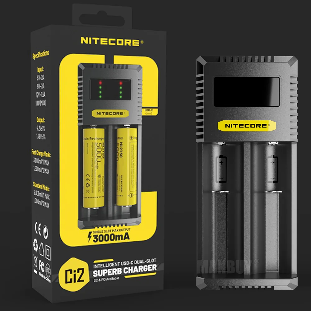 

NITECORE Ci2 Dual-Slot USB TYPE-C Fast SUPERB Charger Li-ion Ni-Cd NiMH Batteries 18650 14500 CR123 16340 26500 18350 21700 AAA