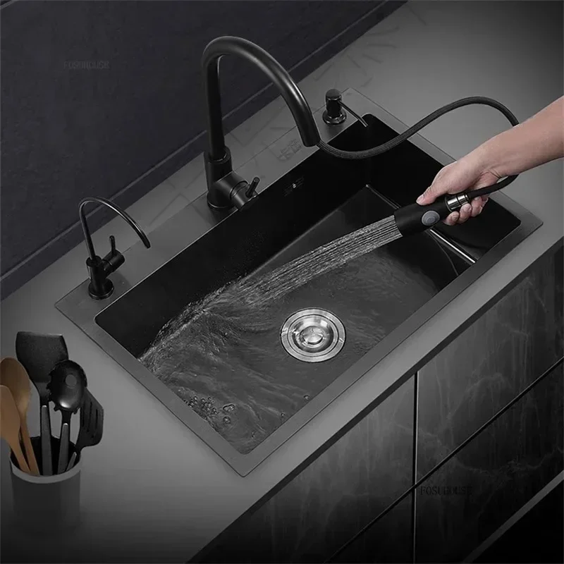 Thickened 304 Stainless Steel Sink Large Capacity Kitchen Sink Single Bowl Black Nano Washbasin Home Countertop Dishwashing