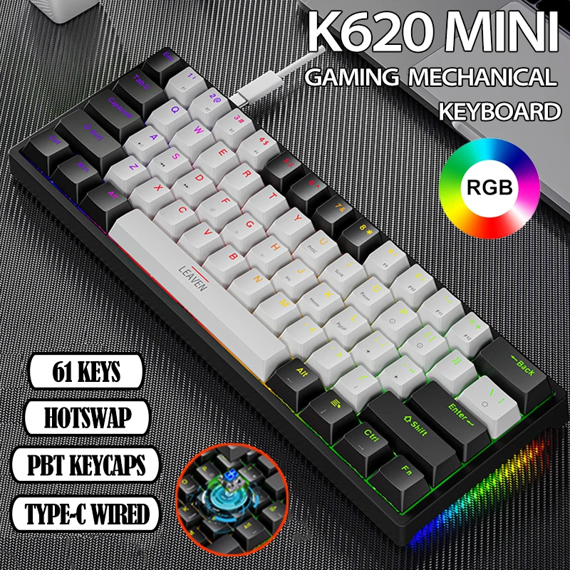 Mini Teclado Mecânico para Jogos Tipo-c com Fio 61 Chaves Rgb Hotswap Pbt Keycaps 60 Ergonomia K620
