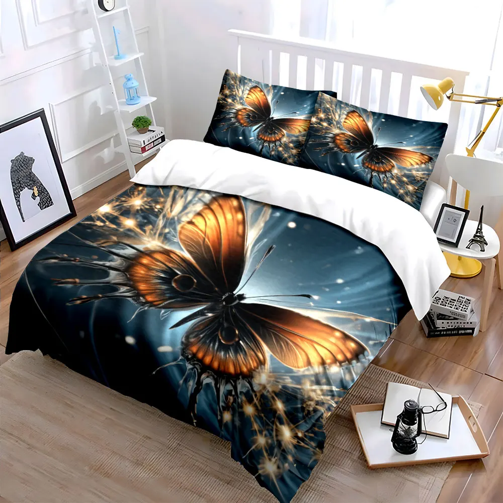 Luxury Metallic Golden Butterfly Bedding Set,Glowing Blue Light Fantasy Butterfly Print Duvet Cover,1 Duvet Cover+2 Pillowcases 4