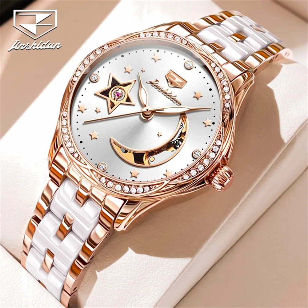 

2024 NEW JSDUN Women's Mechanical Watch Hollow Out Moon stars Dial Ceramic Bracelet Stainless Steel Automatic Watch for Ladies