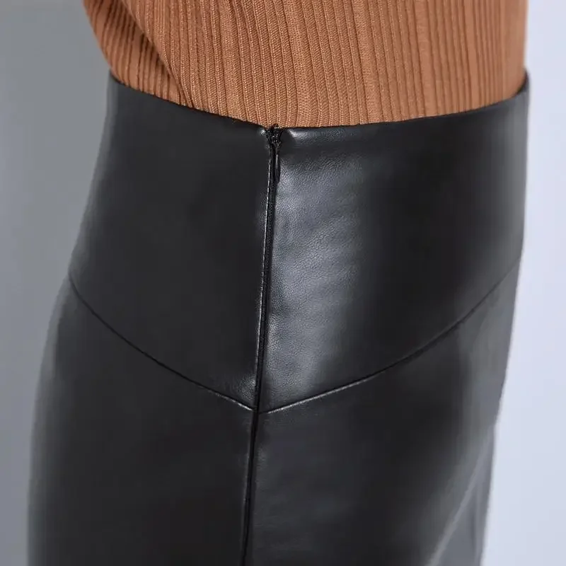 Women 2023 Autumn Winter Sheepskin Skirt Genuine Leather Midi Skirt Female High Waist Split Package Hip Skirt  4XL H167
