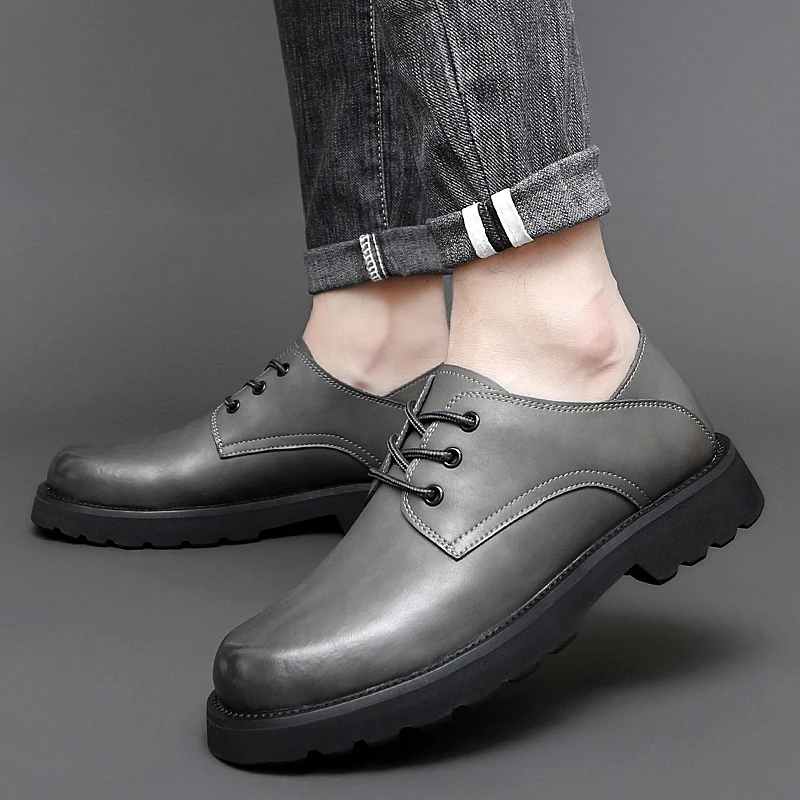 

Spring New Men's Fashion Thick Sole Outdoor Anti Slip Work Wear Casual Shoes Classic Grey/Black Lace Up Big Head Leather Shoes