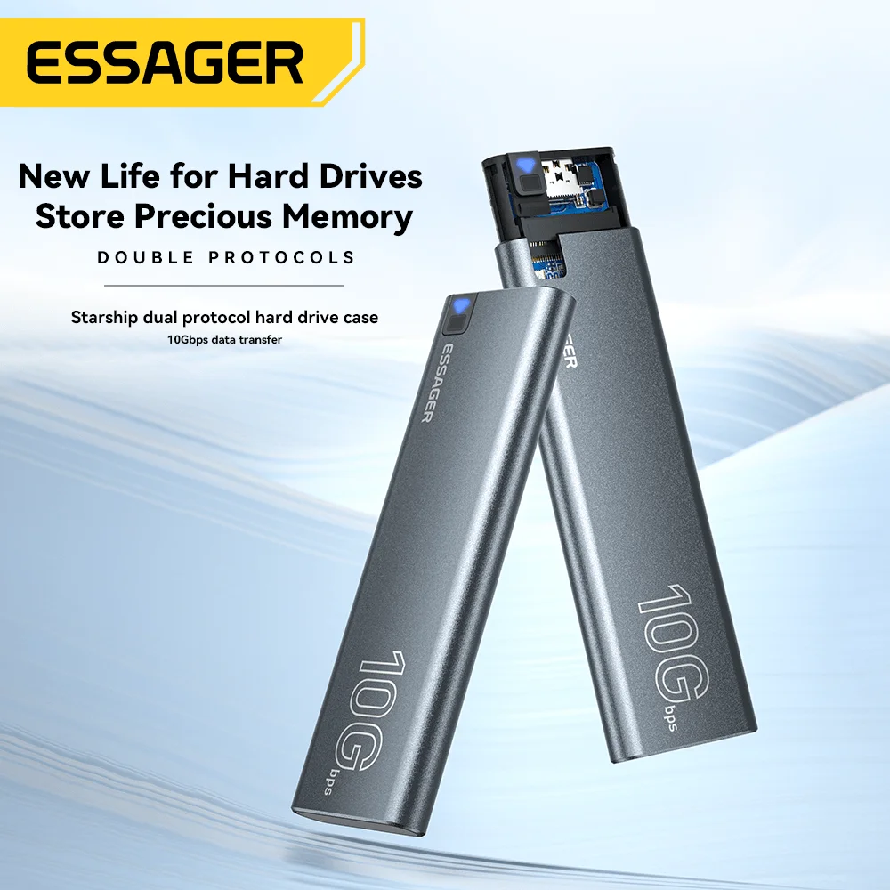Essager M.2 SSD Case Portable NVME SATA USB 3.2 Type C External Hard Disk Box 10GbPS High-Speed Storage Enclosure HDD Enclosure External Hard Drive Housing M2 SSD Enclosure Hard Disk Case