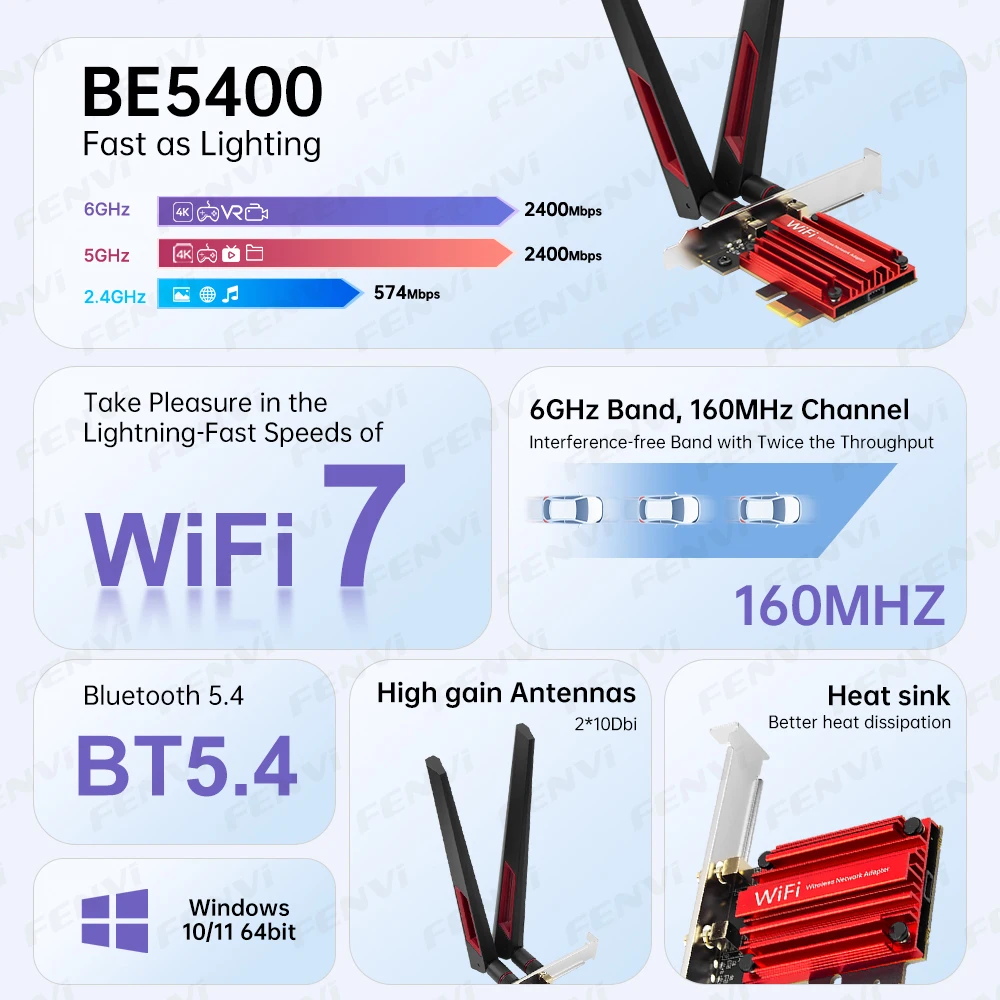 fenvi WiFi 7 PCIe 무선 어댑터 블루투스 5.4 트라이 밴드 6G/5G/2.4Ghz 10DBi 안테나 MT7925 WiFi7 네트워크 카드 PC Win 10/11용