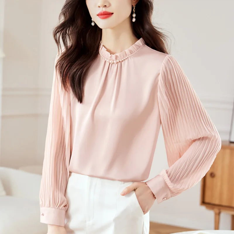 Satin Blouse for Women Long Sleeve Pretty Chic Chiffon Tops Elegant Blouses for Ladies Fashion 2024