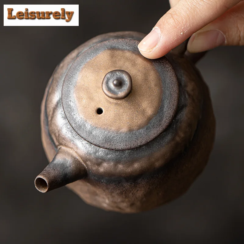 220ml Handmade Gilded Iron Glazed Teapot Old Rock Mud Stubborn Stone Pot Tea Brewing Kettle with Infuser Puer Tea Items Craft