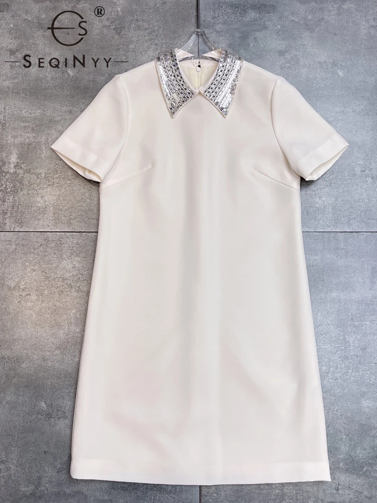 

SEQINYY Slim Mini Dress Summer Spring New Fashion Design Women Runway Beading High Quality 69% Viscose Short Sleeve Office Lady