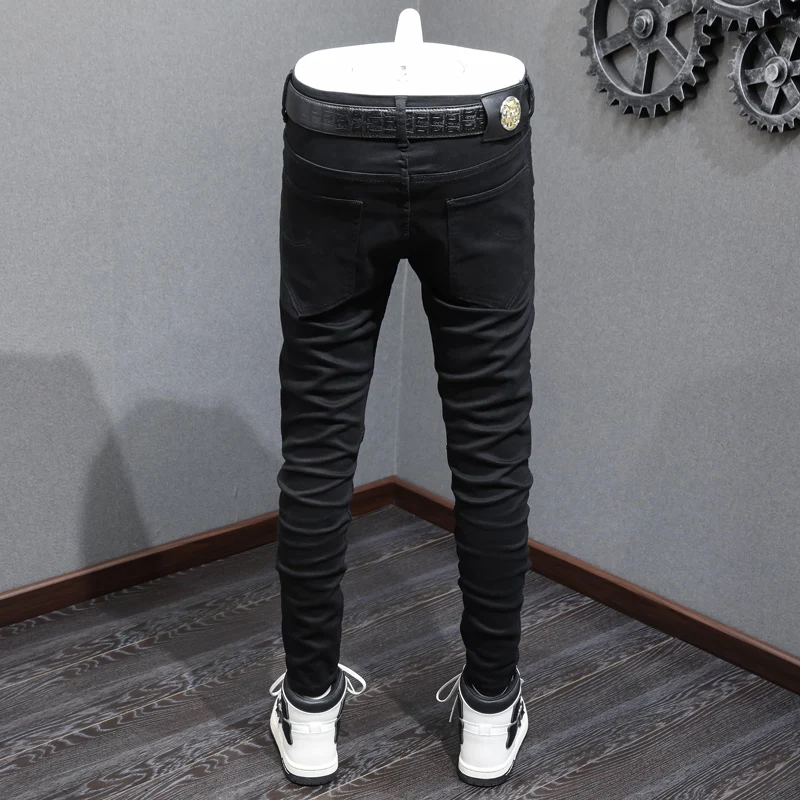 High Street Fashion Men Jeans Black Elastic Stretch Skinny Fit Spliced Biker Jeans Men Zipper Designer Hip Hop Punk Pants Hombre