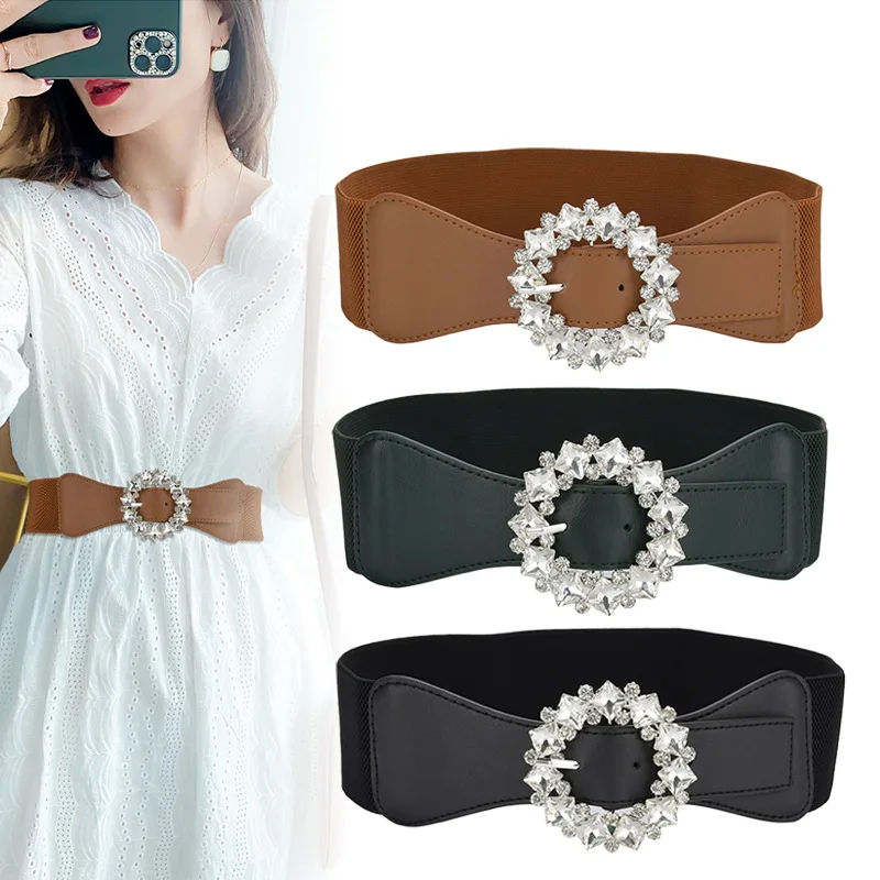 New Fashion Versatile Rhinestone Round Buckle Elastic Ladies Girdle Two-layer Cowhide Wide Belt Suit Dress Accessories Waistband