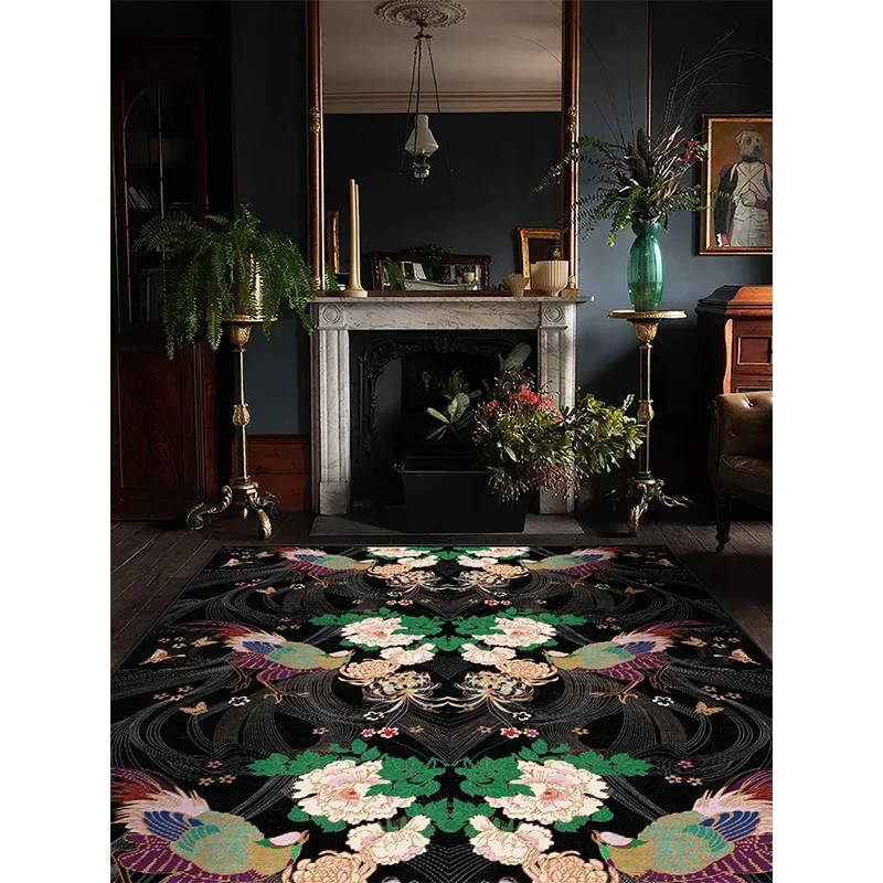 Light Luxury Living Room Carpet Black Flower Bird Retro High-end Bedroom Rug Fashionable Large Area Coffee Table Floor Mat Ковер