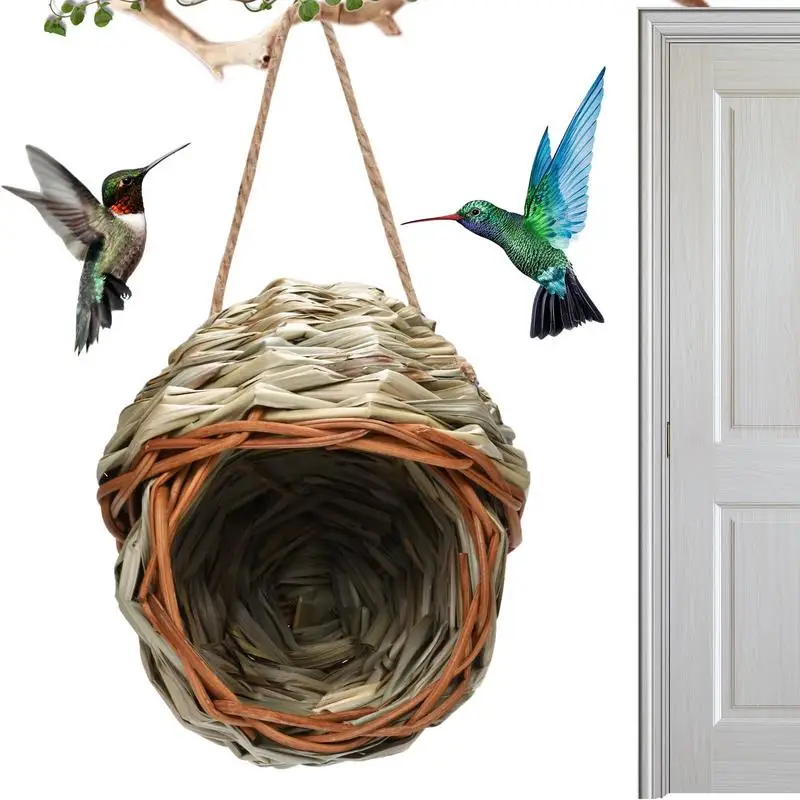 

Hand-Woven House Birds Nest Shelter Hut Cage Natural Grass Hanging Sparrows Parrot Cage Straw Rope Outside Bird House