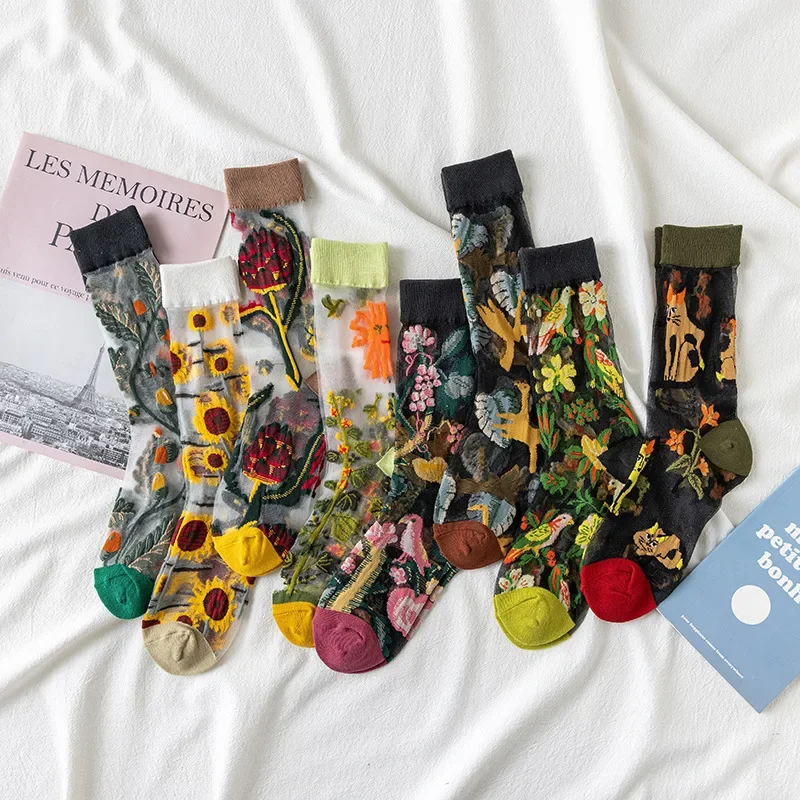 Women Ladies Summer Thin Breathable Flowers Birds Art Cat Animal Print Harajuku Long Cotton Transparent Crystal Glass Silk Socks