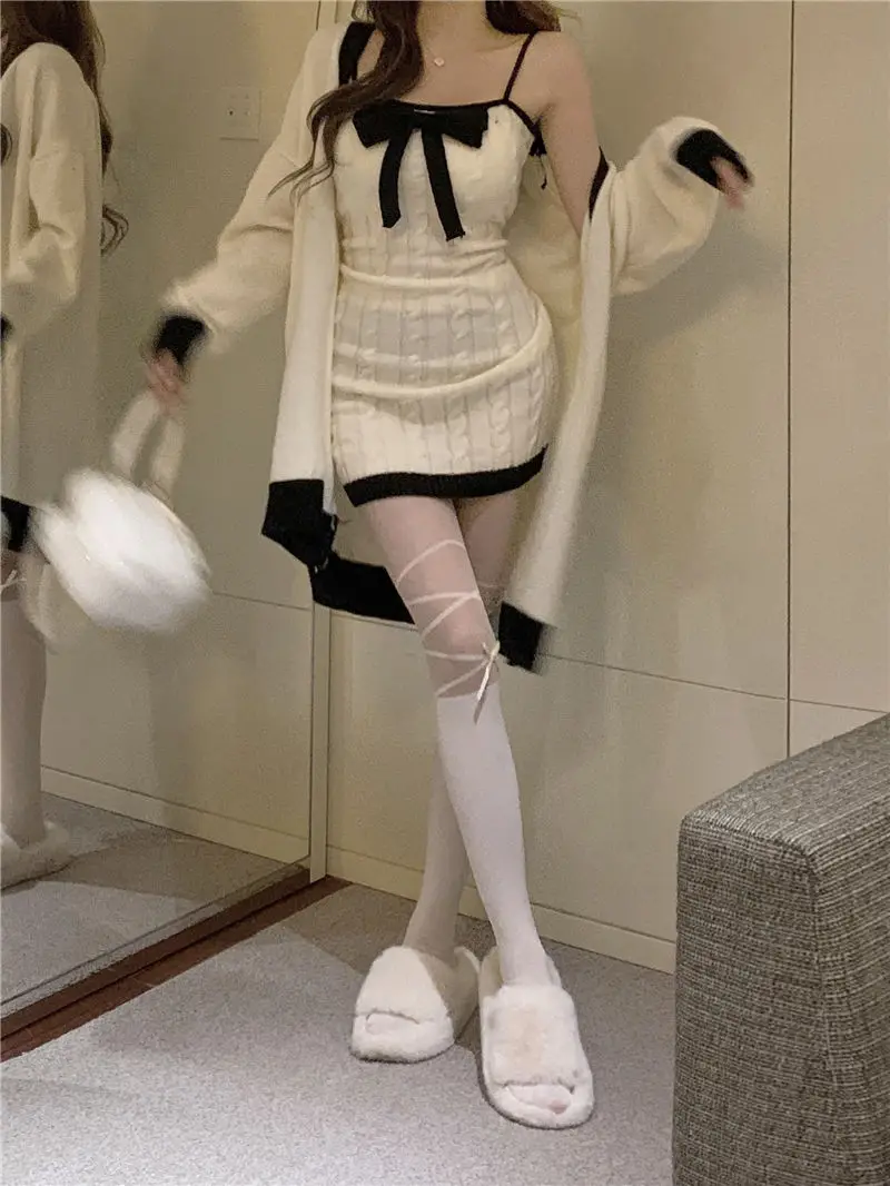 Elegant Knitted Two-Piece Set Women Bow Designer Sweet Party Dress Set Female Korean Style Sweater Mini Dress Suit Winter