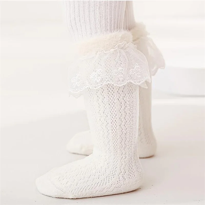 Adorable Baby Girl Knee High Socks Soft Cotton Lace Trim Elastic Breathable Warm Comfortable Fashion Stockings for Toddlers