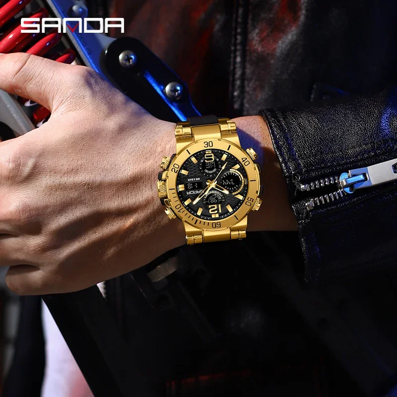 Sanda 2023 New Dual Screen Men's Digital Watch Nightlight Waterproof Multifunctional Popular Men's Alarm Clock 6167 Wristwatch