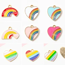 

10pcs/Lot Rainbow Love Heart Shape Drip Oil Charms KC Gold Color Tone Jewelry Bracelet Earring Keychain Making Pendants