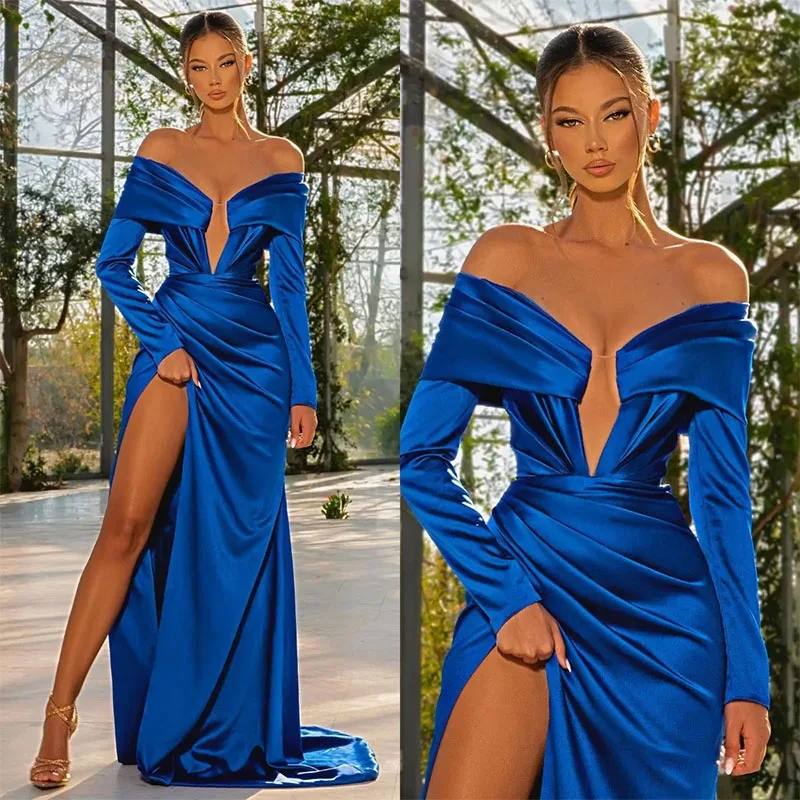 Elegant Royal Blue Evening Dresses Pleats Party Prom Dress Sweep Train Split Long Dress For Red Carpet Special Occasion 2024