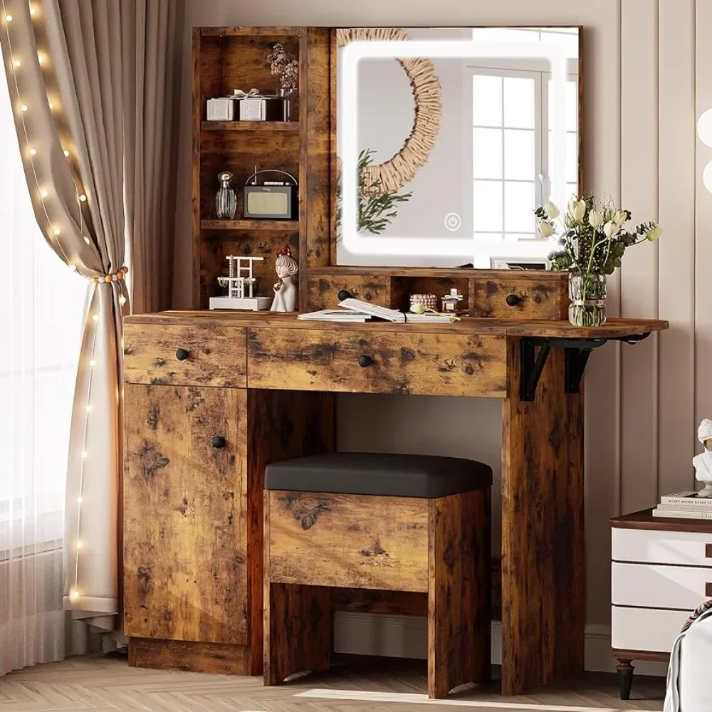 

Vanity Desk & LED Lighted Mirror & Power Outlet & Cabinet Furniture Makeup Dressing Table With Mirror Storage Stool Freight free