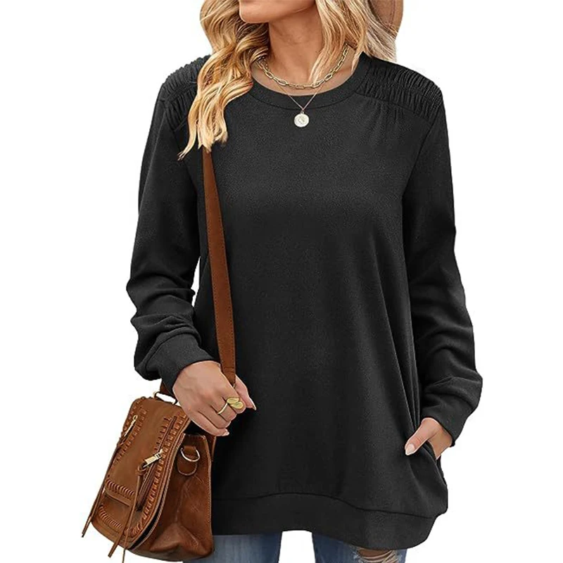 Autumn Winter Women's Round Neck Loose Casual Sweatshirt Female Folds Pocket Fashion Pullover Top Ladies Solid Color T-shirt Tee