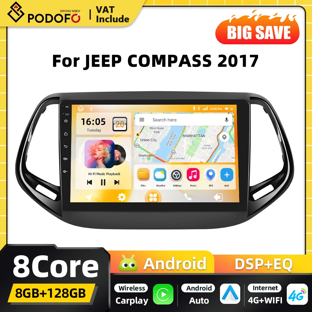 Radio para Auto Podofo 8+128G con IA, Voz, Snapdragon, Carplay y Android para JEEP COMPASS 2017, con Bluetooth, GPS, Navegación, WIFI, FM, RDS, EQ, 2DIN, Audio 1