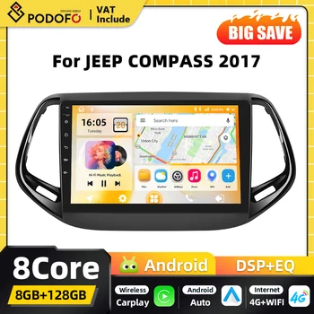 Radio para Auto Podofo 8+128G con IA, Voz, Snapdragon, Carplay y Android para JEEP COMPASS 2017, con Bluetooth, GPS, Navegación, WIFI, FM, RDS, EQ, 2DIN, Audio 1
