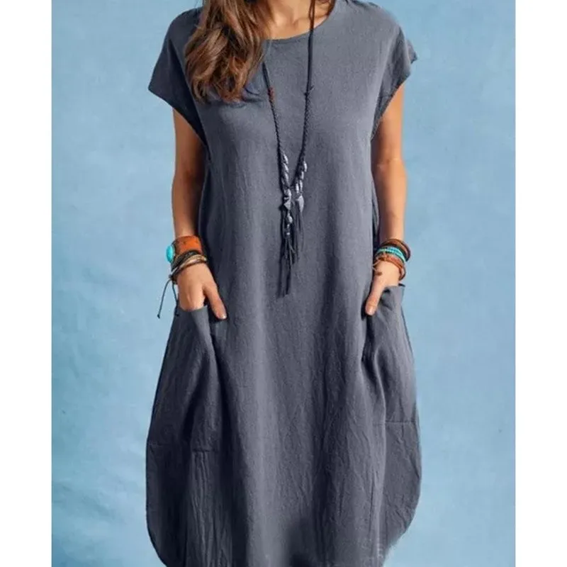 Spring and Summer Europe and the United States Amazon stand alone ebay cotton linen loose casual pure color pocket dress ladies 2