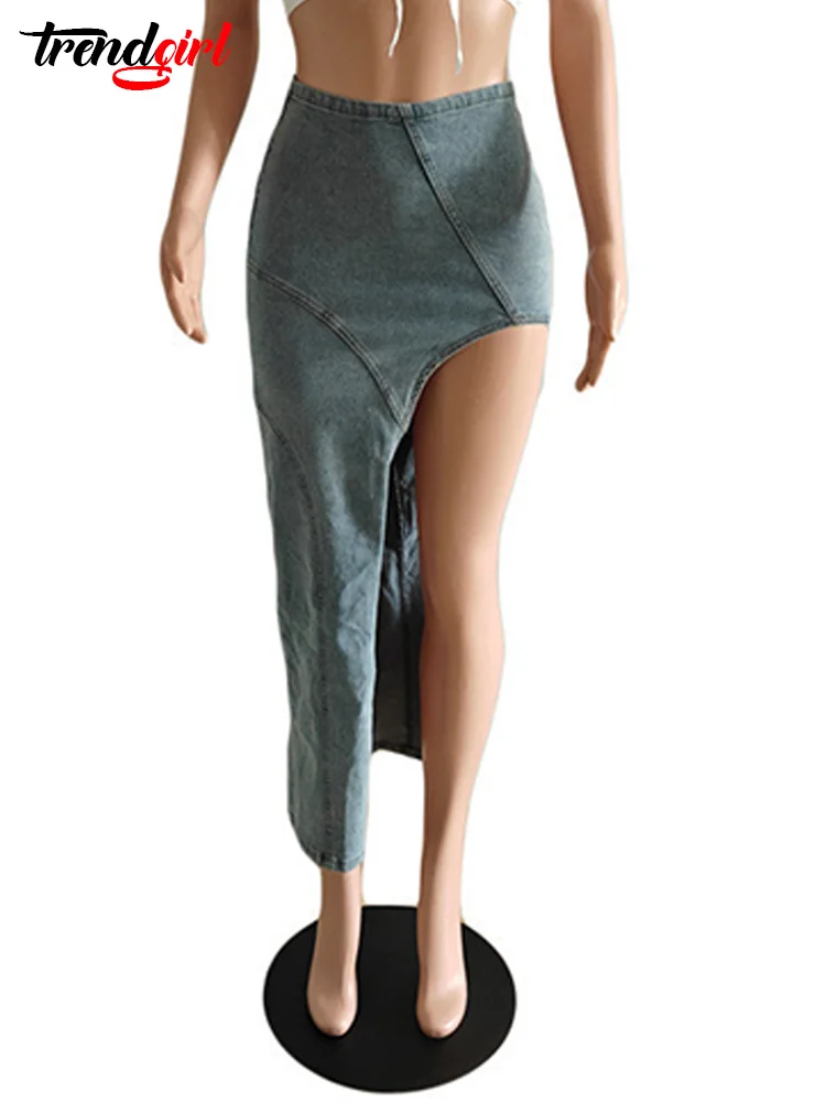Trendgirl Women's Fashion Open Design High Slit Stretch Denim Long Skirt Streetwear Jean Dress Birthday Summer Night Clubwear